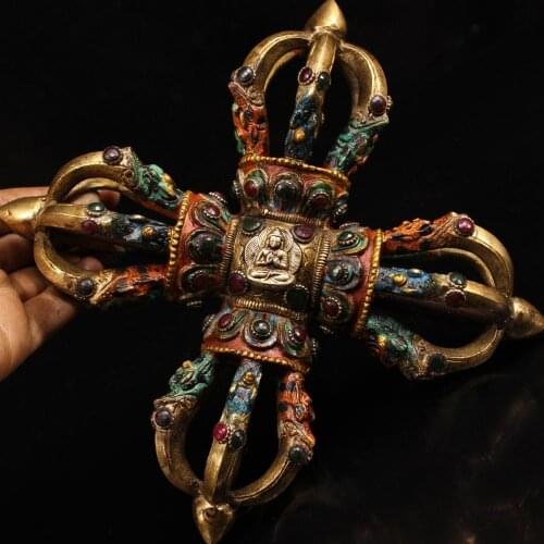 10" Tibet Buddhism Temple Old Bronze gem Painted Dharma Cross Vajra Dorje Artifact Town house evil weapon