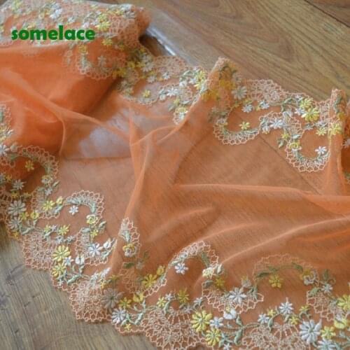 1Yd 30cm Wide Transparent Orange Gazue Green Mirror Floral Embroidery High Quality Lace Trim For Garments And Wedding Decoration