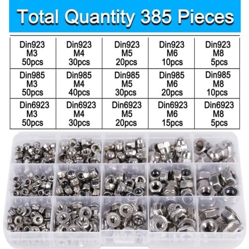 385Pc Flange Nut Assortment Lock Nut Kit Acorn Cap Nuts M3 M4 M5 M6 M8 Stainless Steel Hex Nylon Insert Nut Hardware Accessories