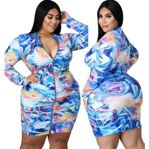 Cutubly Plus Size XL-5XL Bodycon Dresses Sexy Multicolor Printing Dress Casual Zipper V Neck Club Fashion Female Autumn Vestidos