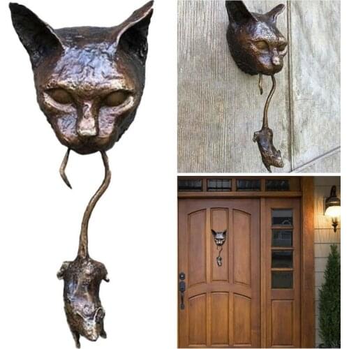 Cat And Mouse Doorknob Decorative Wall Hanging Resin Ornament Animal Door Knocker Statue For Home Decor Medieval Decoration