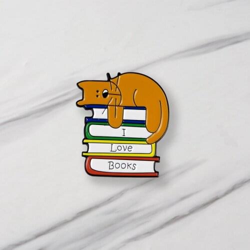 Cat Lying On Books Enamel Brooche I Love Books Pins Denim Clothes Bag Cartoon Jewelry Gift For Friends Kids