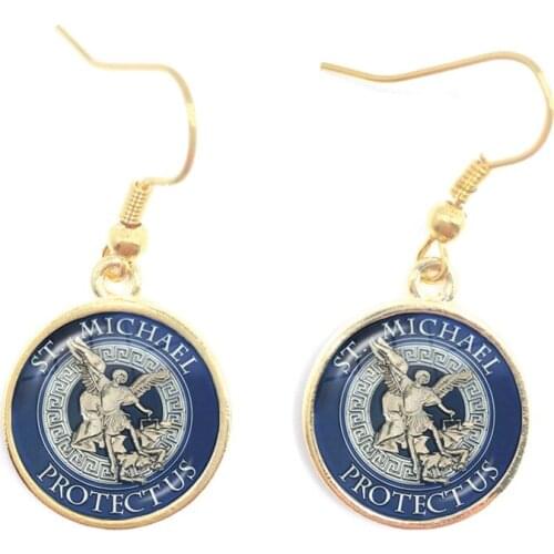 Hot St.Michael Fashion Earrings Protect Me Saint Shield Protection Justice 16mm Glass Cabochon Earrings Talisman Christian Holy
