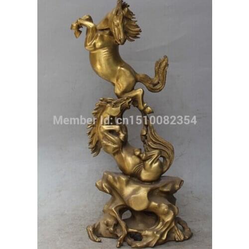 15" lucky Chinese Bronze Carved Double Running Successful Horse On Base Statue