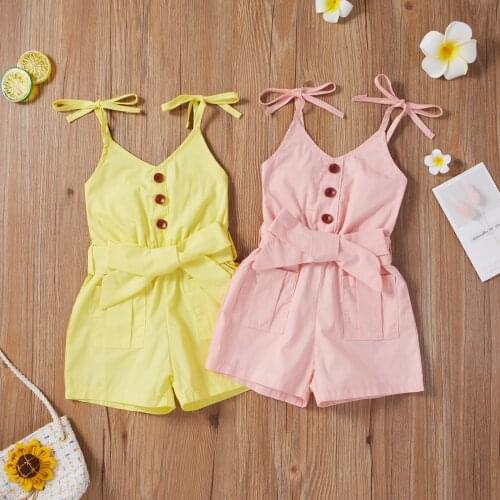 Toddler Baby Girls Solid Button Sleeveless Romper Summer Suspenders Jumpsuit Clothes 2021 Fashion Baby Clothing Shorts Overalls