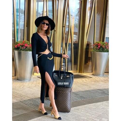 AU Sexy Black/Blue/Cream White Shirring Gold Metal Chain Ribbed Knit Crop Top/High Slit Midi Skirt Set Plunge Halter Knitwear