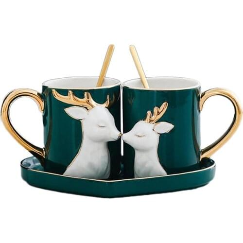 Nordic Couple Mug Solid Color Gold Drawing Coffee Breakfast Cups with Spoon Tray Household Afternoon Tea Dessert Plate for Gift