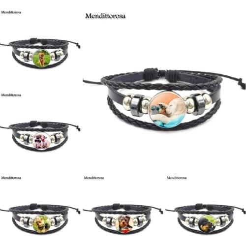 Mendittorosa Pet Dogs Labrador Bulldog Poodle Fashion Jewelry Cabochon Glass Black Leather Bracelet Bangle For Women Party