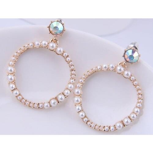Fashion Round Gold Pearl Earrings for Women Statement Rhinestone Geometric 3D Earrings Wedding Fashion Jewelry Gift