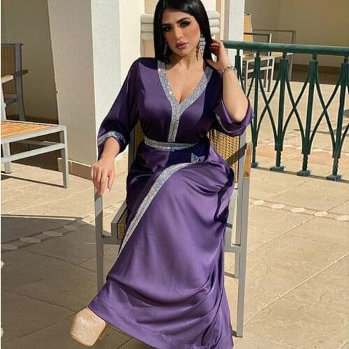 Muslim Islamic Ethnic Abaya Satin Maxi Dress For Women Turkey Arabic Diamond V Neck Long Sleeve Jalabiya plus Size 2021 Summer