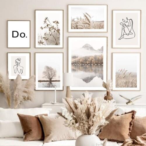 Mountain Forest Lake Reed Line Wall Art Canvas Painting Nordic Posters And Prints Room Decor Picture For Bedroom Home Decoration