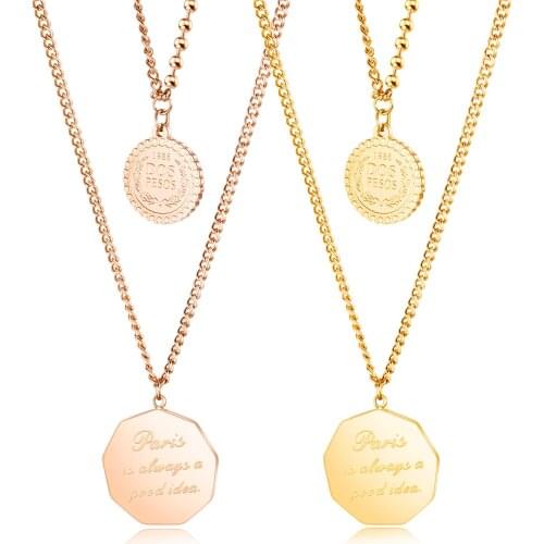 Rose gold Double layer round pendant long necklace women 2020 fashion kpop stainless steel jewelry accessories collier femme