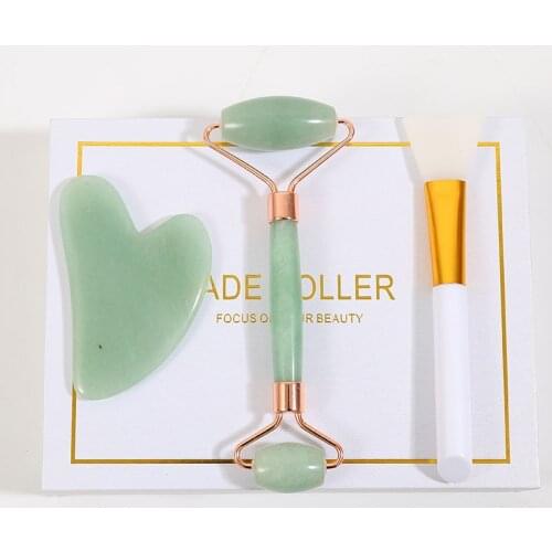 Rose Quartz Roller Jade Aventurine Natural Stone Facial Massager Jade Roller Scraper Mask Brush Three-piece Beautyface-lift Tool
