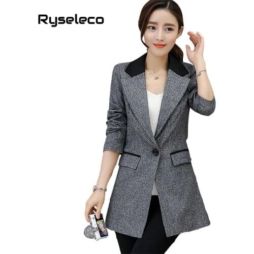 Ryseleco Brand New Autumn Long Sleeve Solid Slim Office Lady Blazers Coat Single Button Notched Pockets Elegant Work Tops Blazer