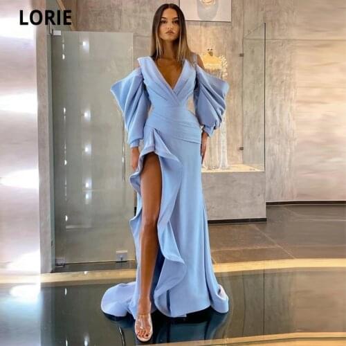 LORIE Sexy Evening Dresses 2021 V-Neck Pleats Short Puff Sleeves High Side Split Formal Arabic Prom Gown Celebrity Party Dress