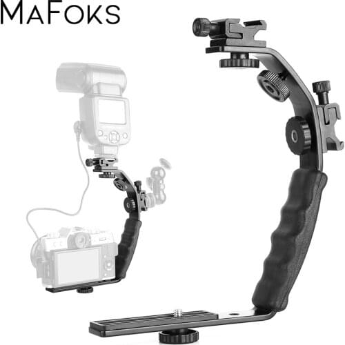 Universal Flash Camera Grip L Bracket with 2 Standard Side Hot Shoe Mount for Flash DSLR Video Light Camcorder Holder
