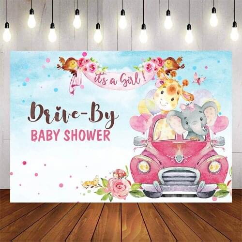 Drive by Baby Shower Photography Backdrop Its a Girl Newborn Photocall Safari Animal Party Selfie Wave Pink Car Background