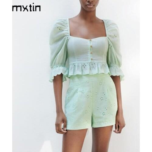 MXTIN 2021 Women Summer Vintage Solid Hollow Embroidery Cropped Blouses Fashion Square Collar Short Sleeves Female Shirts Blusas