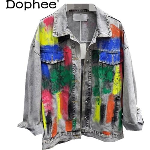 New Fashion Denim Coat for Women 2021 Spring and Autumn Retro Graffiti Distressed Painted Jeans Jacket Loose All-match Coat