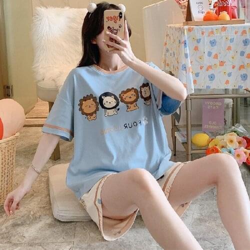 Ladies Cute Print 2PCS Cotton Pajamas Suit Summer New O-Neck T-shirt&Shorts Nightwear Loose Home Wear Casual Comfort Sleepwear