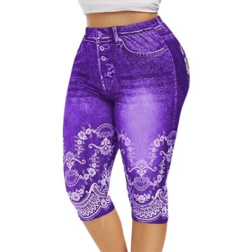 Yoga Pants Women Lace Patchwork Casual Oversize Elastic Legging Slim Faux Denim Skinny Jeggings Cropped Pants Female Trousers