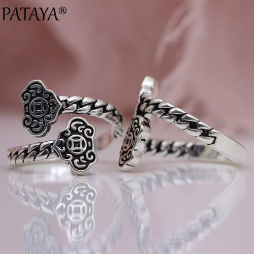 PATAYA New Ancient Unique Open Rings Women Wedding Party Lucky Blessing Fine Fashion Jewelry Wipe Black Adjustable Punk Ring