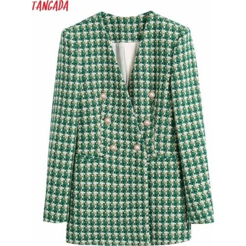 Tangada Women Vintage Green Plaid Tweed Thick Blazer Female Long Sleeve Elegant Ladies Work Wear Blazer Suits BE103