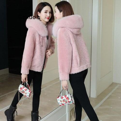 Autumn Winter Women Sheep Shearing Warm Coat Furry Jacket Plus Size Ladies Fake Fox Fur Collar Hooded Short Outwear
