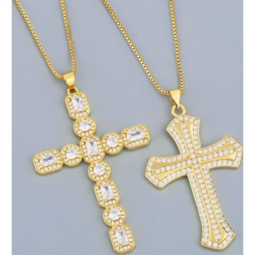 Gold Chain Cross Necklace For Women Crystal White Stone Pendant Necklace CZ Pave Cubic Zirconia Religion Jewelry Gifts nkes25