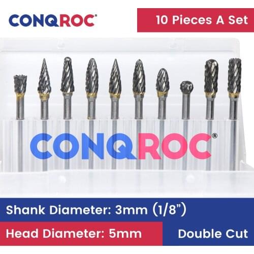 10 Pieces Carbide Milling Cutter Set 5mm Cutting Dia Double Thread Rotary Burrs Engraving Bits 1/8" 3mm Shank for Dremel
