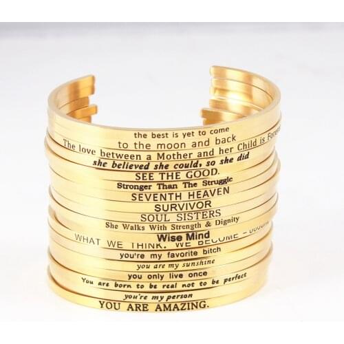 2021 New Trend Quotes Mantra Bracelets 316L Stainless Steel Open Cuff Bangle Fashion Women Gold Inspirational Jewelry Bracelets