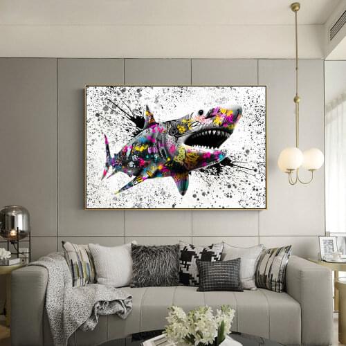 Graffiti Watercolor Shark Artwork Canvas Art Posters and Prints Canvas Wall Decor Painting for Living Room Decoration Cuadros