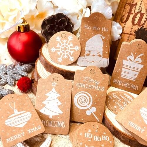 50pcs Multi Style Christmas Series Kraft Paper Tags DIY Crafts Hang Tag With Rope Christmas Party Labels Gift Wrapping Supplies