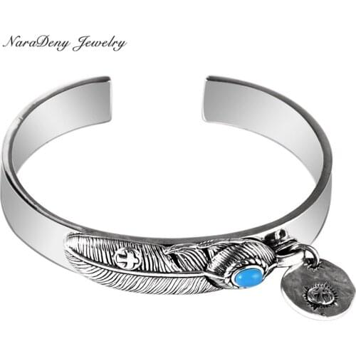 999 Silver Retro Leaf Feathers Turquoise Stone Lovers Open Bangle with lock Handmade Thai Silver Vintage Puck Mens Bracelets
