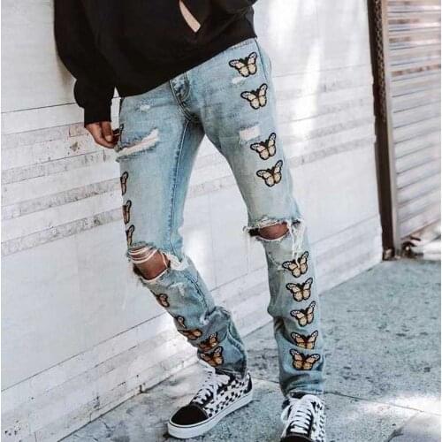 KIOVNO Men High Street Destroyed Jeans With Holes Butterfly Embroidery Streetwear Denim Trousers For Male Washed