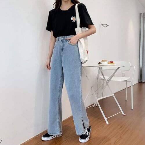 Side slit wide-leg light-colored straight-leg jeans womens summer 2020 new Hong Kong-style high-waist temperament thin trousers