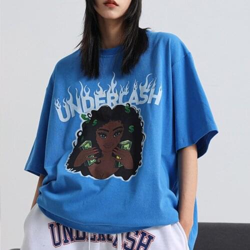 Blue Pure Cotton American Lady Letter Print T Shirts Hip Hop Graphic Tee O-neck Short Sleeve Oversized Woman Tshirts New Summer
