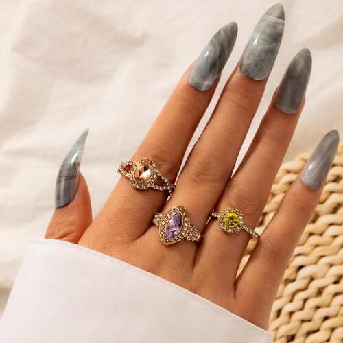 Tocona 3pcs/sets Luxury Colorful Crystal Stone Ring Sets Charming Hollow Geometric Alloy Metal Party Jewelry Wholesale 10014