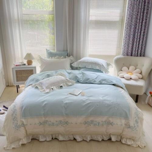 Korean Princess Embroidered Bedding Set 600TC Egyptian Cotton 3D Florets Lace Pleating Queen King Size Sheet Set 4Pcs for Home