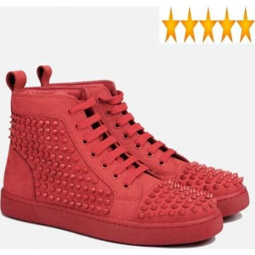 Rivet Cow Leather Fashion Genuine High Top Shoes Lace Up Casual Flat Trainers Red Black Punk Hip Hop Round Toe Sneakers Men