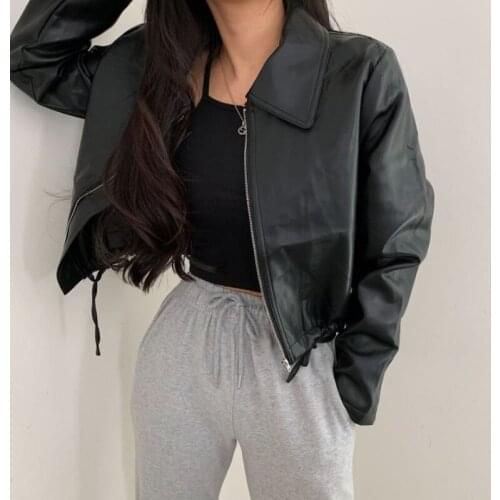 Korean Fashion Zipper PU Coats Women 2021 New Solid Long Sleeve Fall Faux Leather Jackets Office Lady Cropped Tops Autumn