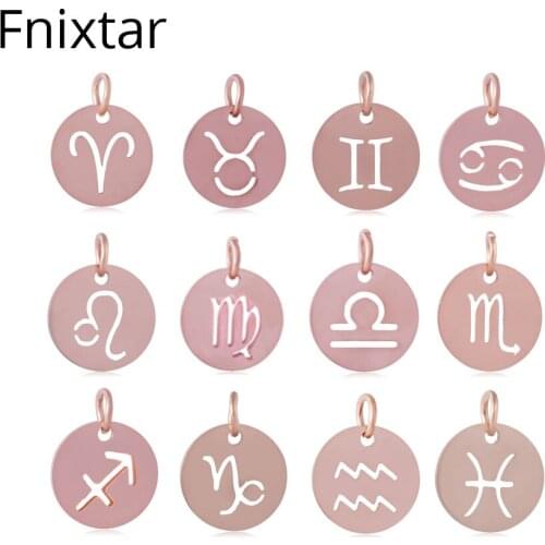 Fnixtar 12mm Rose Gold Color Stainless Steel Twelve Zodiac Metal Charms DIY Constellation Mini Charm Jewelry Pendants 12pcs/lot