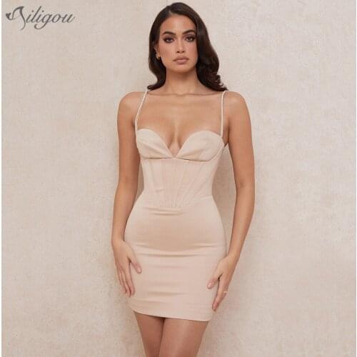 Ailigou Summer 2021 New Ladies Apricot Mini Dress Vestidos Sexy V-Neck Diamond Spaghetti Strap Bodycon Celebrity Party Dress