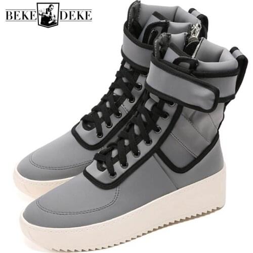 Street Style Silver Leather High-Top Shoes Men Platform Side Zipper Fashion Ankle Boots High Street Military Shoes Plus Size 46
