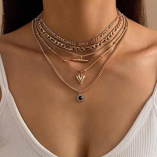 Vintage Multilayer Link Thick Chains Heart Black Gem Pendant Necklace Women Punk Geometric Clavicle Choker Colar Jewelry Gift