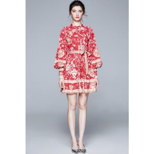 ZUOMAN Women Autumn Vintage Print Dress Shirt High Quality Cocktail Party Robe Femme Lantern Sleeve Designer Short Vestidos