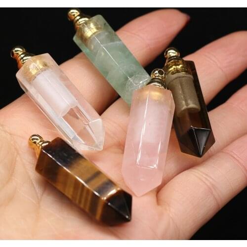 Natural Stone Perfume Bottle Pendant Rose Quartzs Semi-Precious Charms for Jewelry Making DIY Necklace Accessories Size14x46mm