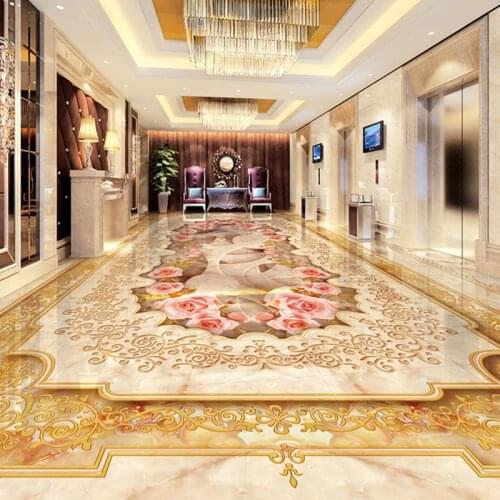 Custom 3D Floor Murals Imitation Marble Flower Pattern Luxury Living Room Hall Floor Tiles Sticker Mural Self Adhesive Wallpaper