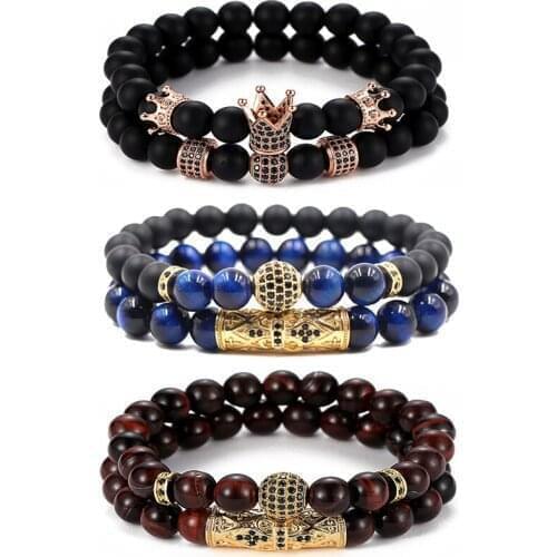 Popular Small Crown Ball Bracelet Bangle 8mm Natural Stone Women Charm Bead Bracelets Men Matte Blue Black Jewelry 2Pcs/Set