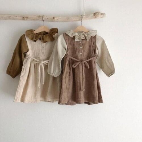 Spring Autumn New Newborn Baby Girls Simple Casual Shirt Kids Long Sleeve Blouse Cotton and Fashion Sleeveless Dresses